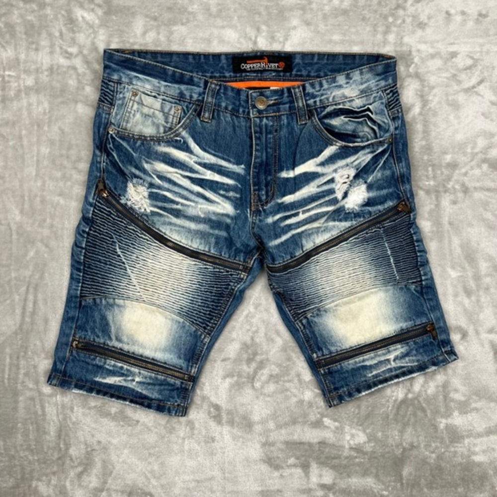 Copper Rivet Mens Blue Denim Moto Style Zipper Shorts‎ Size 34 Distressed